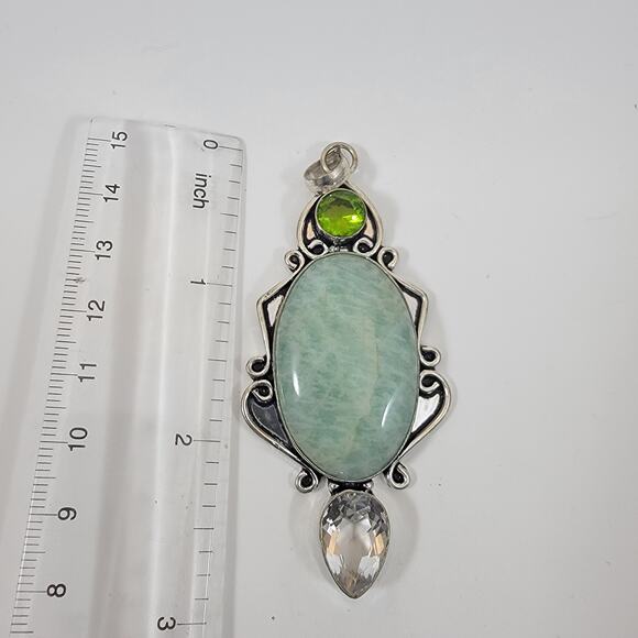 Artisan Silver Pendant with Amazonite, Green Peridot and Clear Quartz Accents - Picture 2 of 10